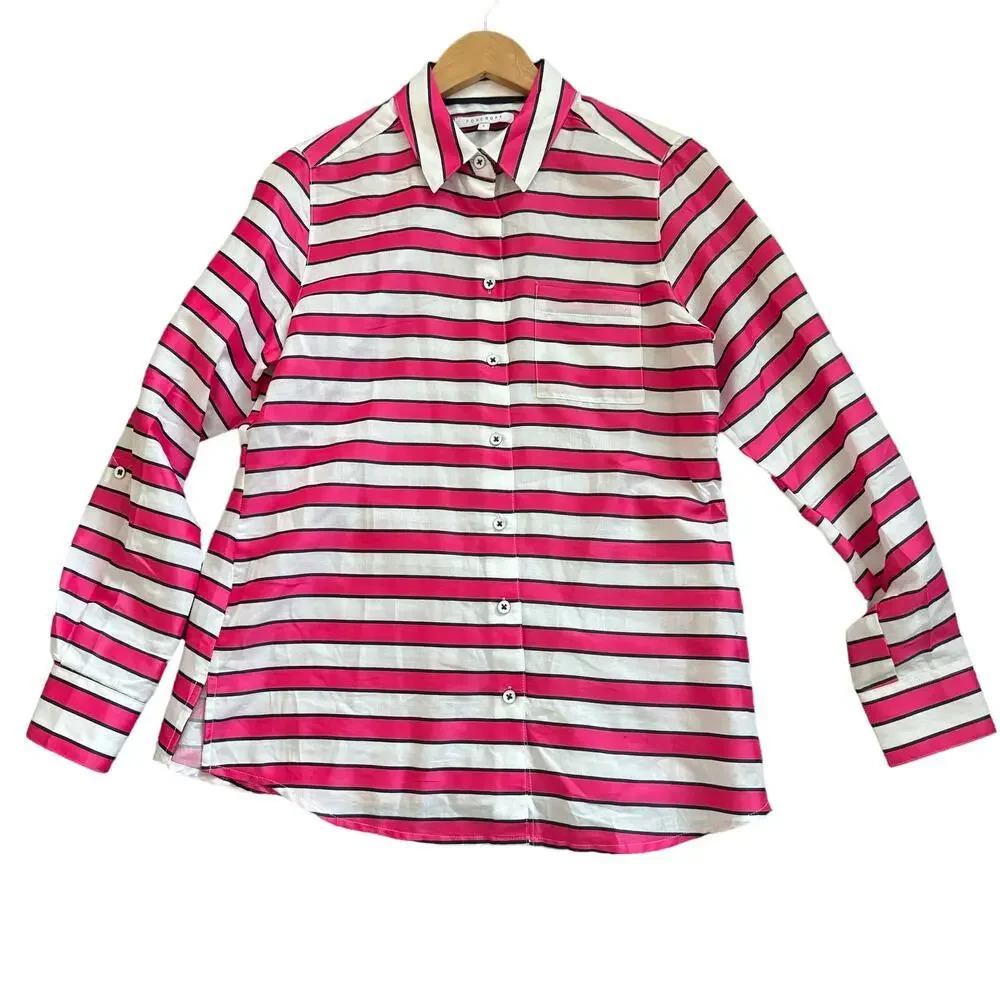 Foxcroft Womens Button Down Shirt Size 6 Pink Multi Long Sleeve Cotton Blend